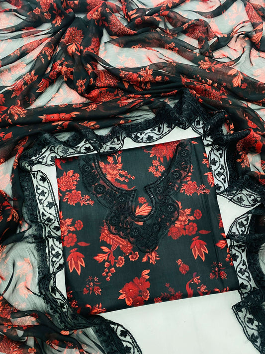 ANEELA BLACK RED FANCY LAWN