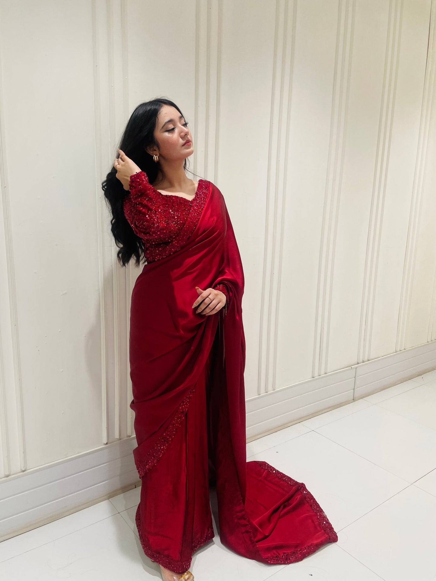 MAHROON SEQUENCE SILK SAREE (UNSTICHED)