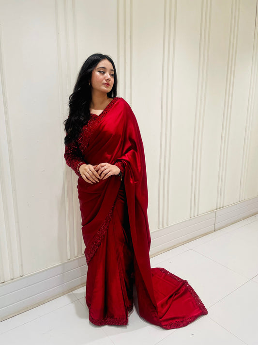MAHROON SEQUENCE SILK SAREE (UNSTICHED)