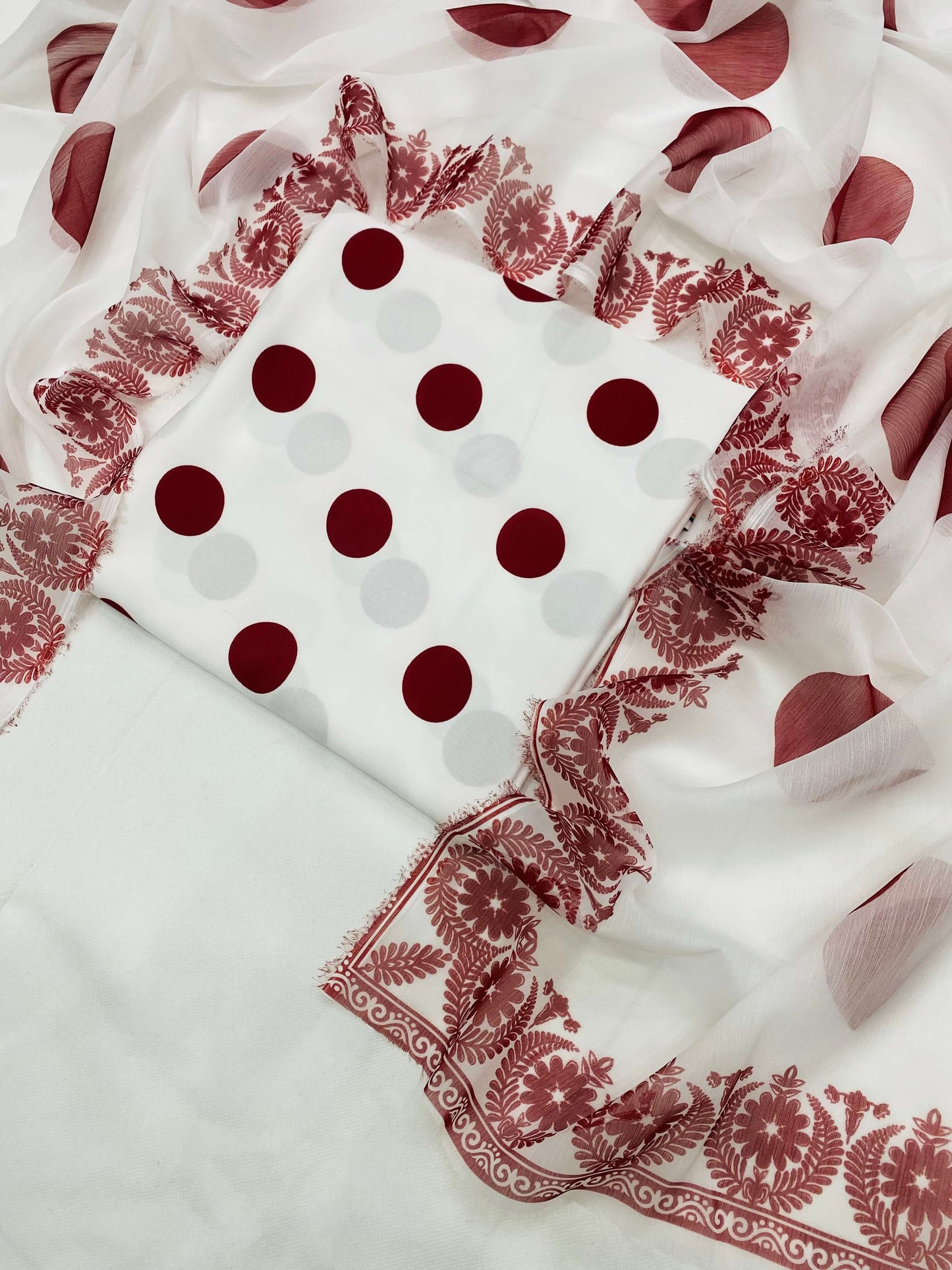 SWISS LAWN WHITE MAHROON POLKA