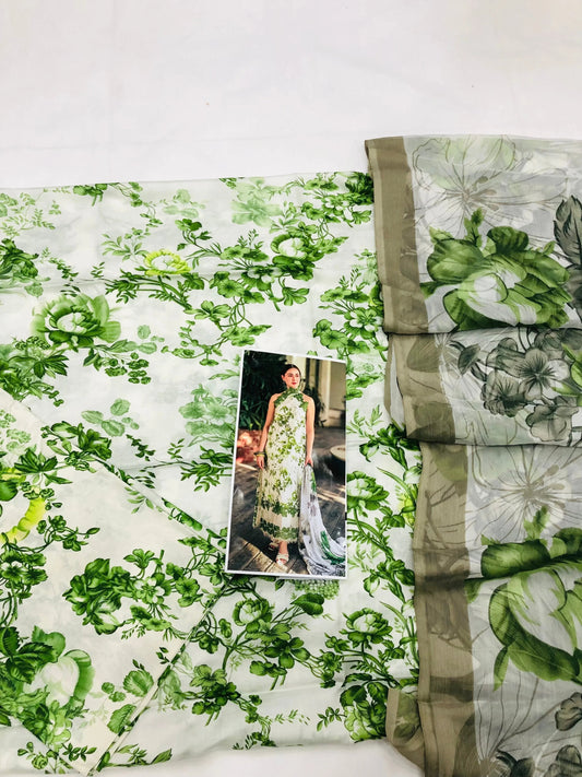 MB GREEN LEAVES PRINTED LAWN - SR FABRICS
