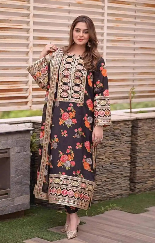 ANEELA BLACK PRINTED SILK (WITHOUT PATCHES)