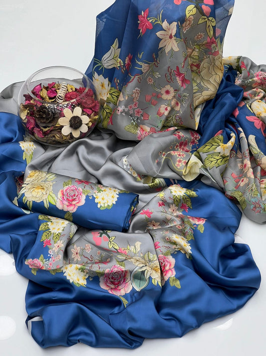 CHINA SILK SILVER BLUE DRESS