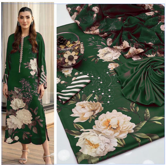 GREEN FLOWERS PRINTED SILK
