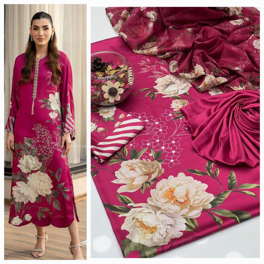SHOCKING PINK FLOWERS PRINTED SILK