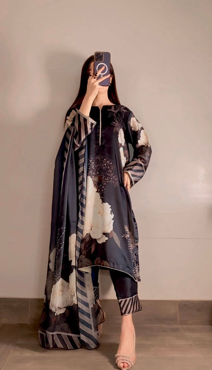 BLACK FLOWERS CHINA SILK DRESS