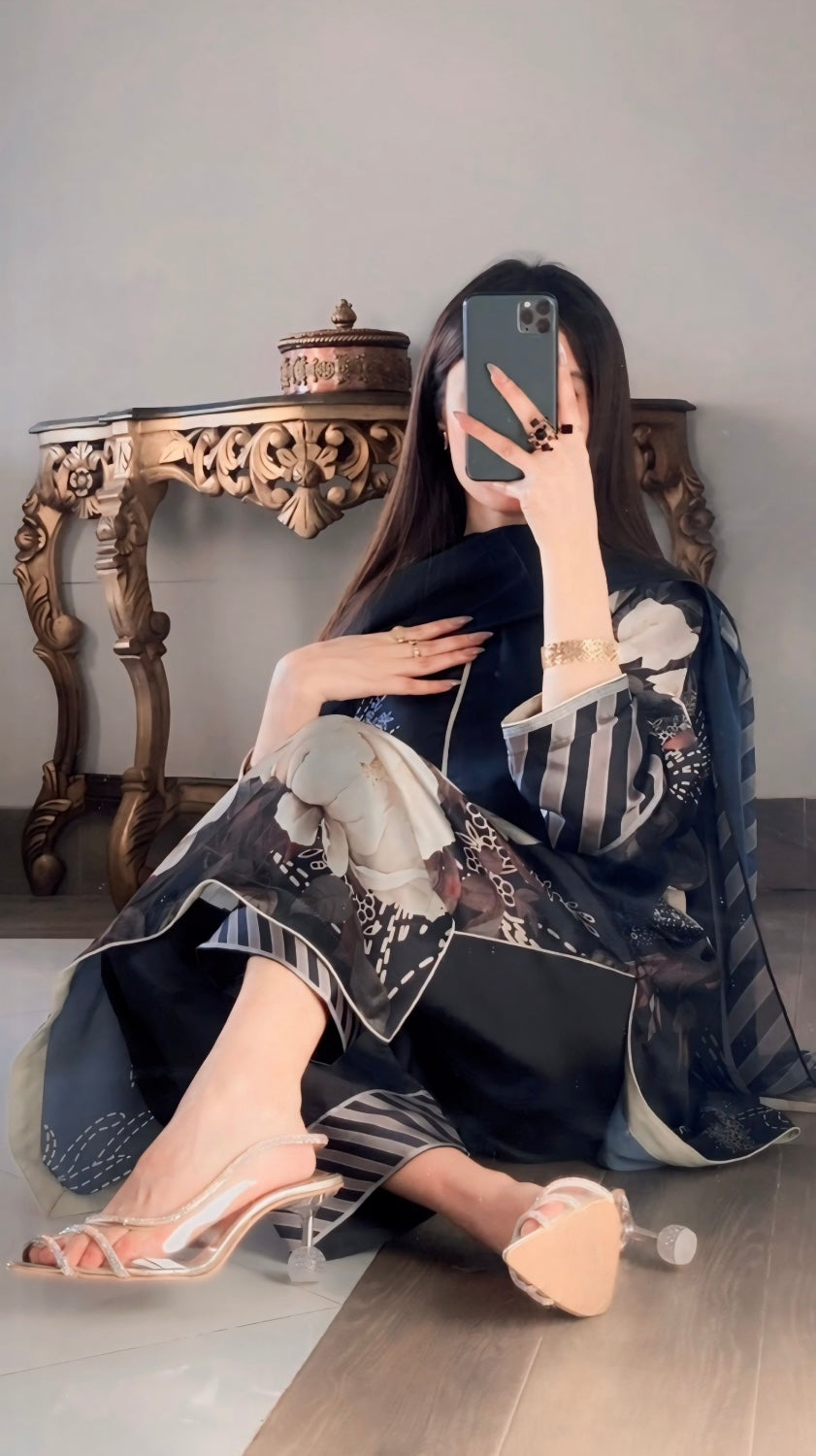 BLACK FLOWERS CHINA SILK DRESS