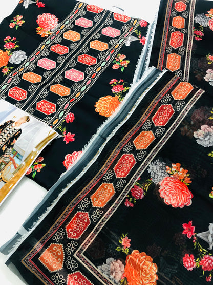 ANEELA BLACK PRINTED SILK (WITHOUT PATCHES)