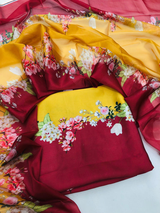 CHINA SILK MUSTARD MAHROON DRESS