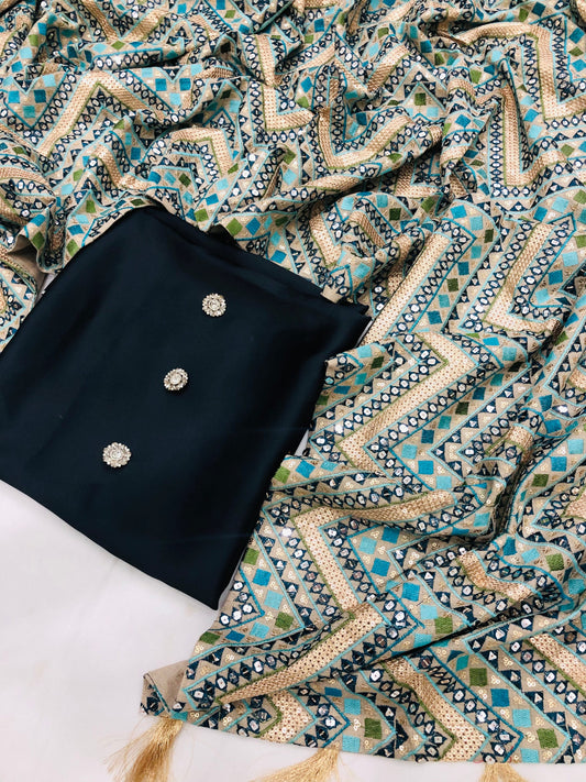 CHINA SILK BLACK WITH ZIGZAG SHAWL